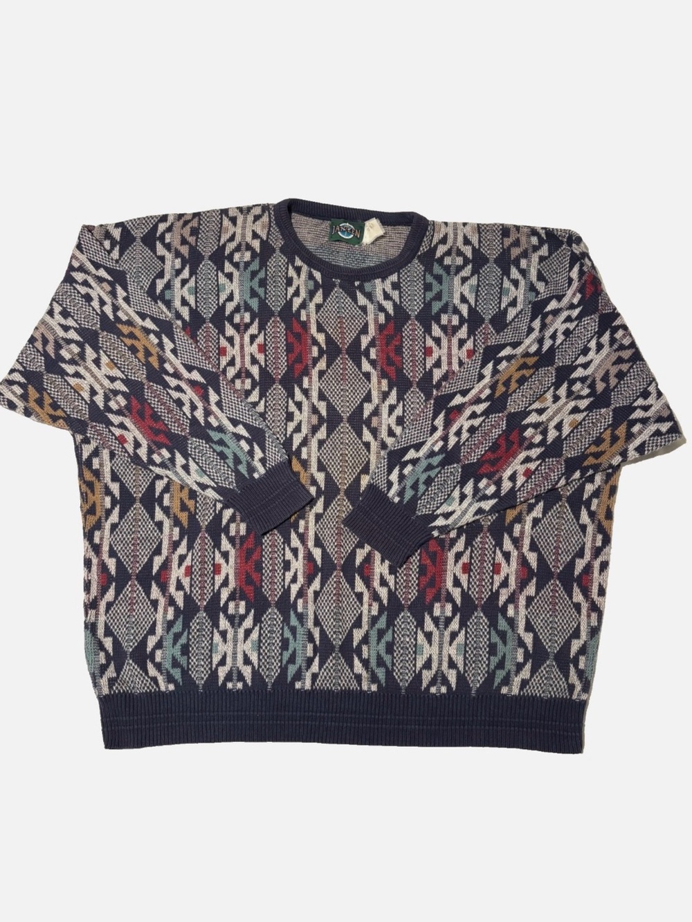 Jantzen Navy Crewneck Sweater with Multicolor Geometric Pattern